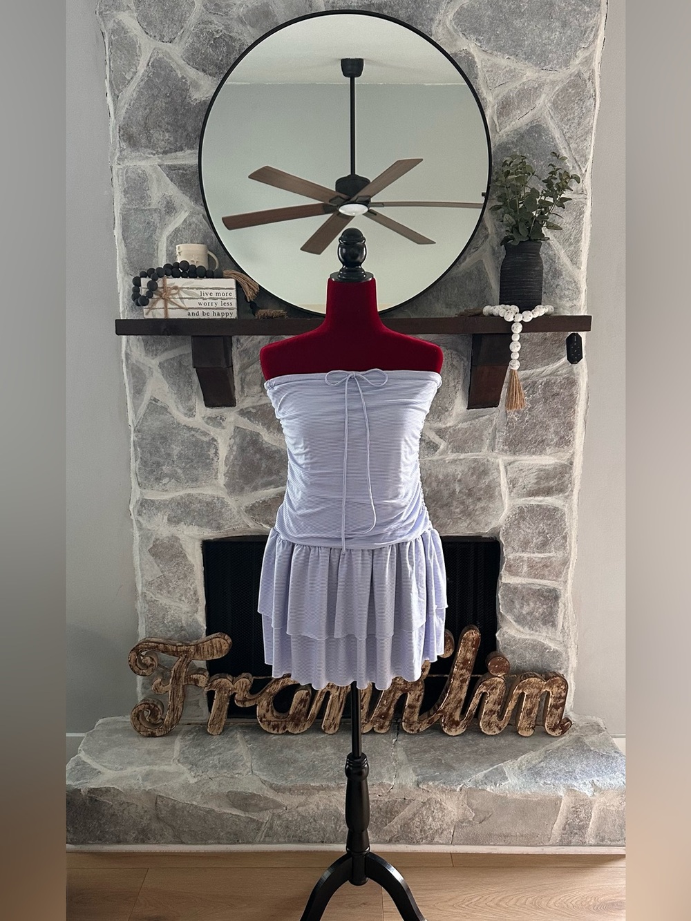 Hollister Blue & White Strapless Ruched Tiered Mini Dress - XL